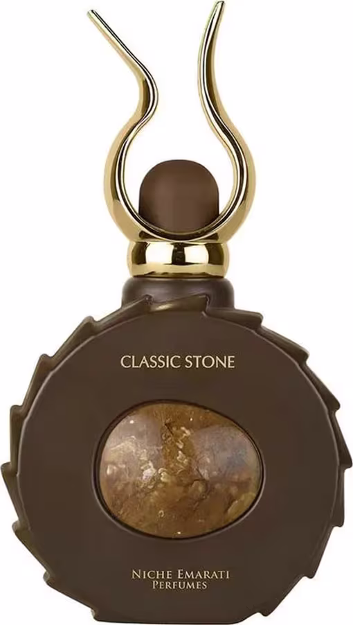 Frasco de perfume da linha Classic Stone da Niche Emarati, com formato arredondado e detalhes dourados, exibindo uma pedra central em tom marrom.