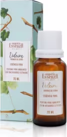 Frasco de óleo essencial da marca Empório Essenza Serra Gaúcha, com rótulo em fundo azul claro e ilustrações de folhas verdes. Embalagem de 20 ml, contendo o produto "Videira".