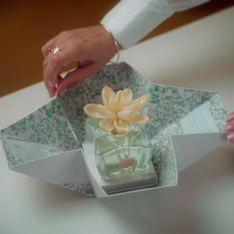 Frasco de difusor Empório Essenza Serra Gaúcha com flor amarela em fundo verde e branco, embalado em caixa com estampa floral em tons de verde.