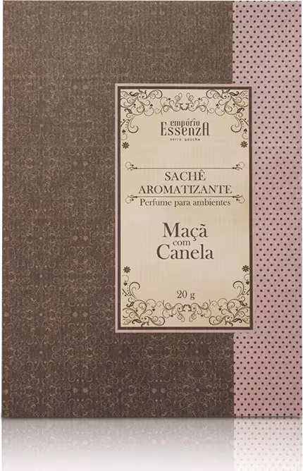 Caixa de sachê aromatizante da marca Empório Essenza, contendo a fragrância de maçã com canela.