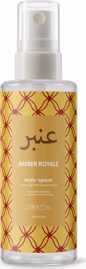 Frasco de spray corporal Primacial Amber Royale, com embalagem em tons de amarelo e vermelho, contendo texto em árabe e inglês indicando o nome do produto.