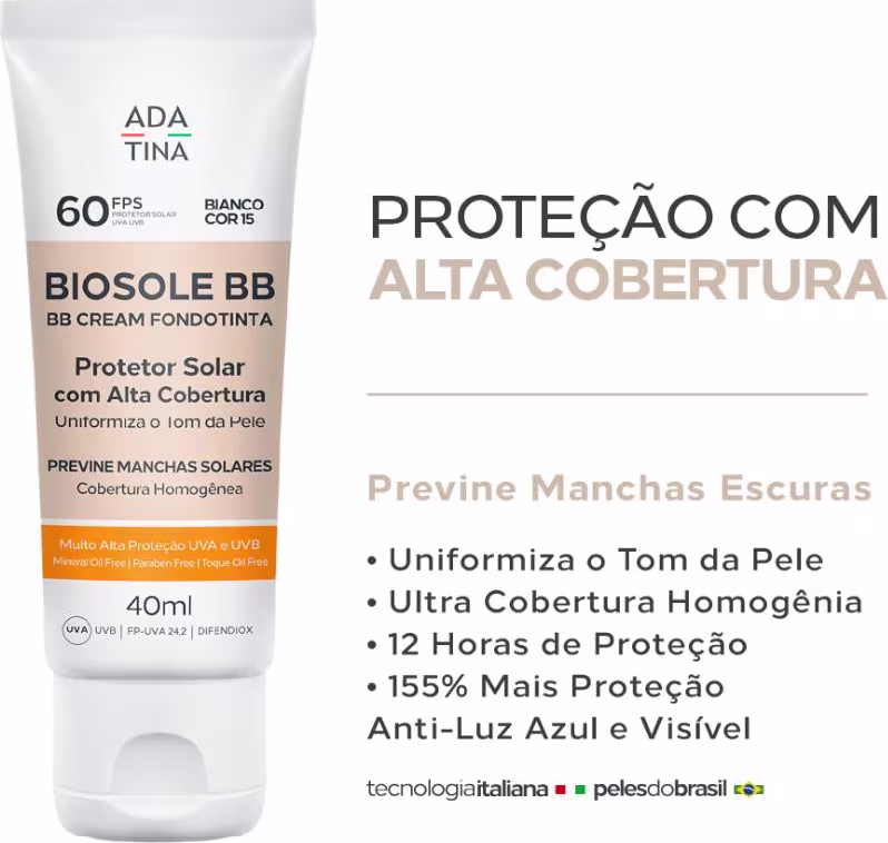 Protetor Solar Facial Ada Tina Biosole BB FPS60 Bianco Cor 15, 40ml.
