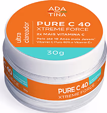 Pote de creme de tratamento capilar da marca Ada Tina, com rótulo laranja e branco, contendo a inscrição "Pure C40 Xtreme Force" e informações sobre vitamina C e ácido hialurônico.