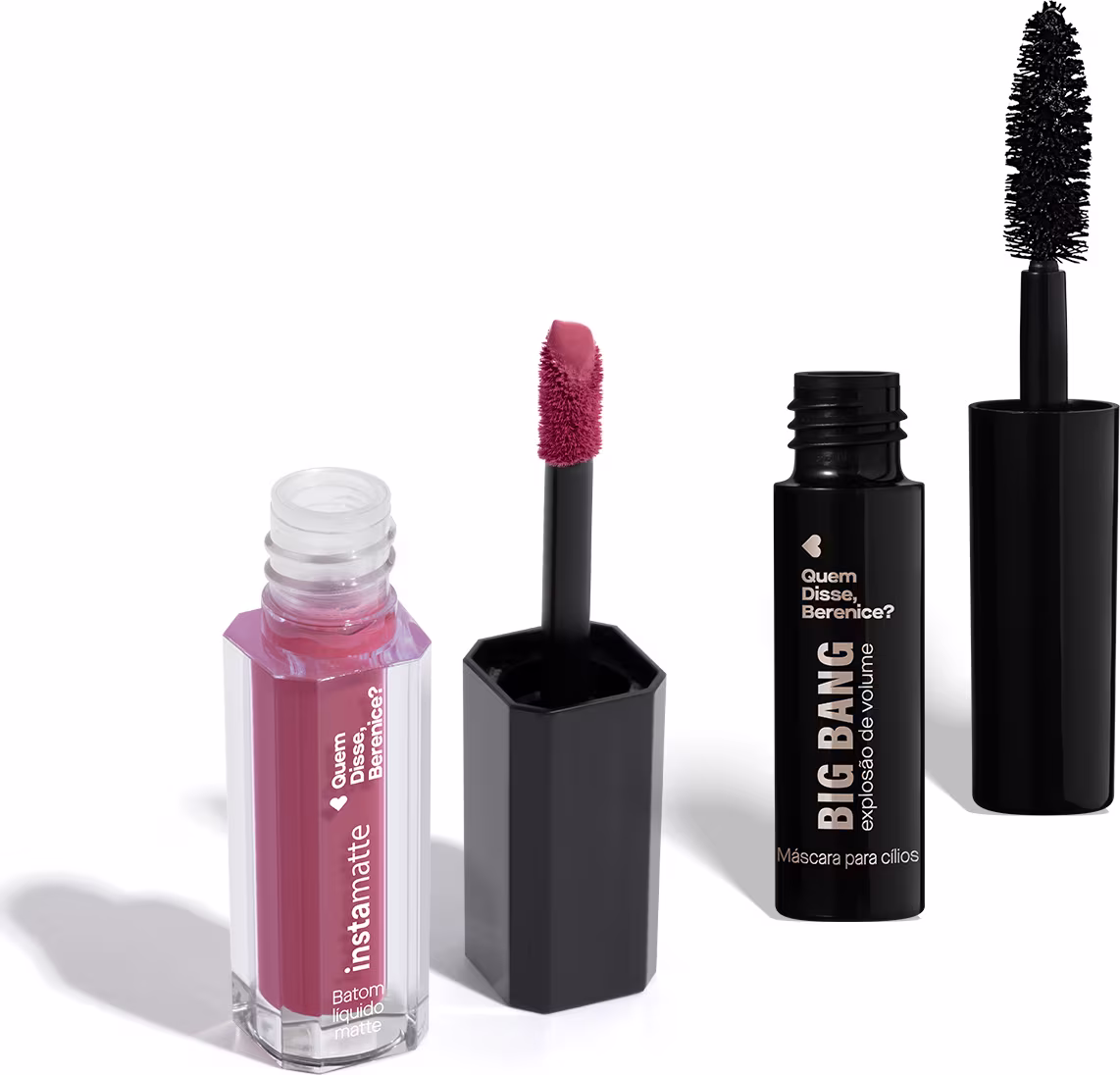 Um é um batom líquido em um frasco transparente com líquido rosa. Um rímel em um tubo preto com um aplicador de cerdas espessas na ponta.