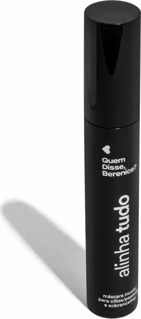 Produto de beleza da marca Quem Disse, Berenice? em embalagem preta cilíndrica com rótulo em branco contendo o nome da marca. Trata-se de uma máscara incolor para cílios/sobrancelhas.