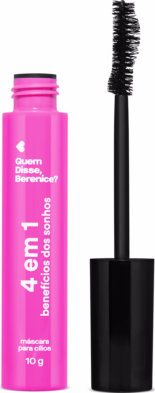 Embalagem rosa com texto "Quem disse, Berenice?" contendo máscara de cílios, com aplicador preto e rótulo indicando o volume de 10g.