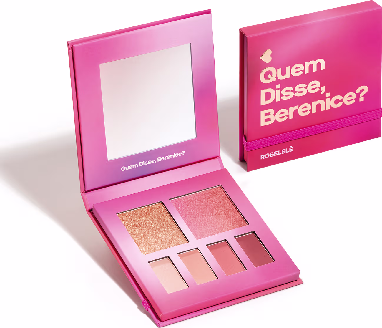 A paleta está aberta, revelando uma superfície espelhada e uma variedade de sombras em tons de rosa. Também é possível ver uma caixa fechada da mesma linha de produtos, com o mesmo design rosa