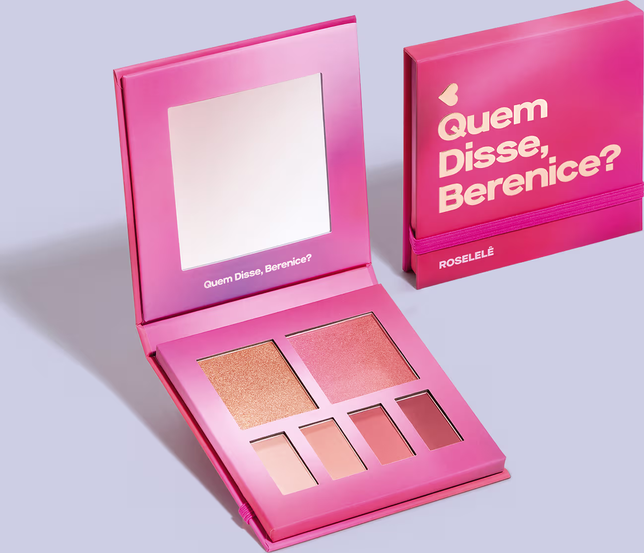 "Quem Disse, Berenice?" impresso em letras douradas. Dentro da caixa, há um espelho e uma paleta de sombras em tons de rosa e dourado. A paleta parece conter diferentes texturas e acabamentos, incluindo sombras brilhantes e mates.