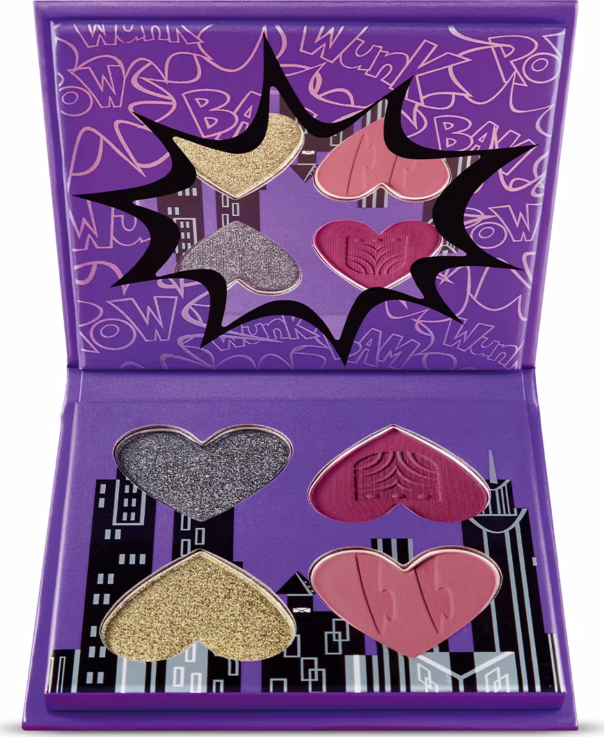 Paleta de sombras compacta da marca "The Powerpuff Girls" em embalagem roxa com ilustrações e texto, contendo sombras em tons de vermelho, rosa e dourado.