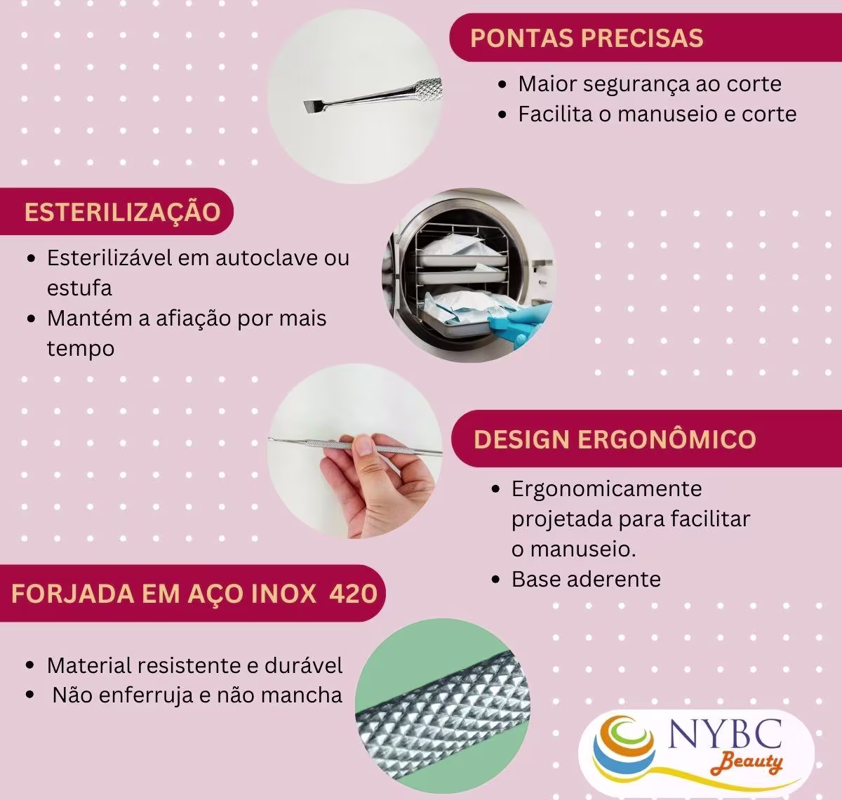 Kit NYBC Beauty Raspador de Cutícula Aço Inox Duo, 2 unidades.