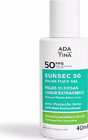 Frasco de protetor solar em gel fluido da marca Adatina, com fator de proteção solar 50, embalagem branca com detalhes em verde, contendo informações sobre o produto no rótulo.