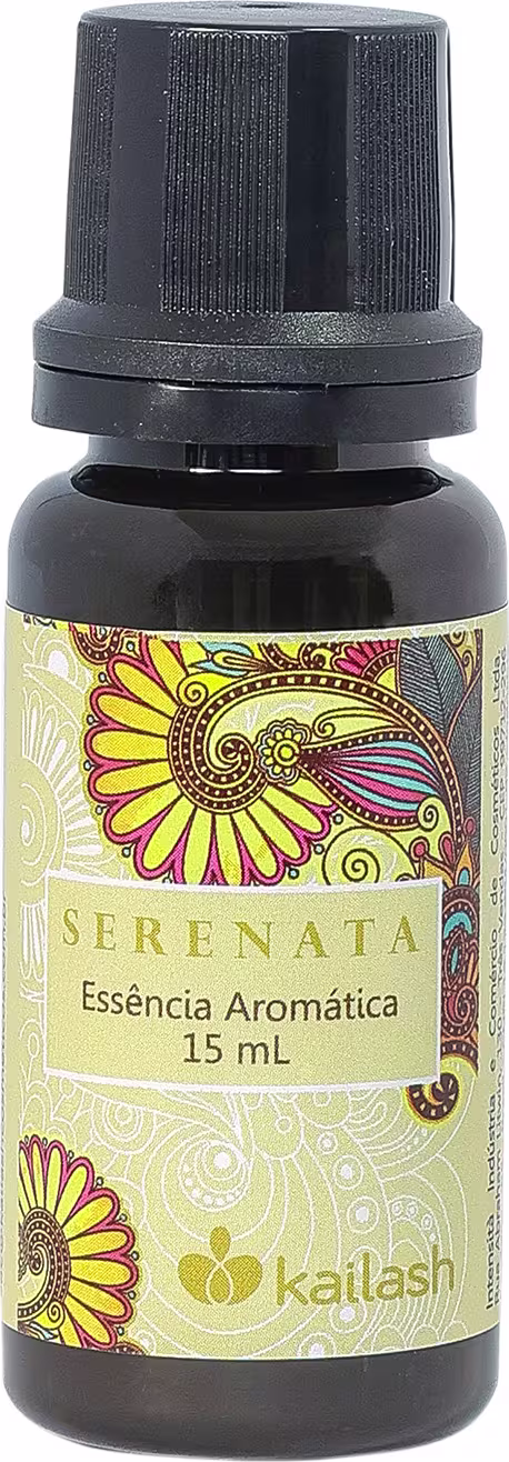 Frasco de essência aromática Serenata da marca Kailash, com 15 ml de conteúdo. O frasco possui um design colorido com flores e padrões decorativos em tons de amarelo e vermelho.