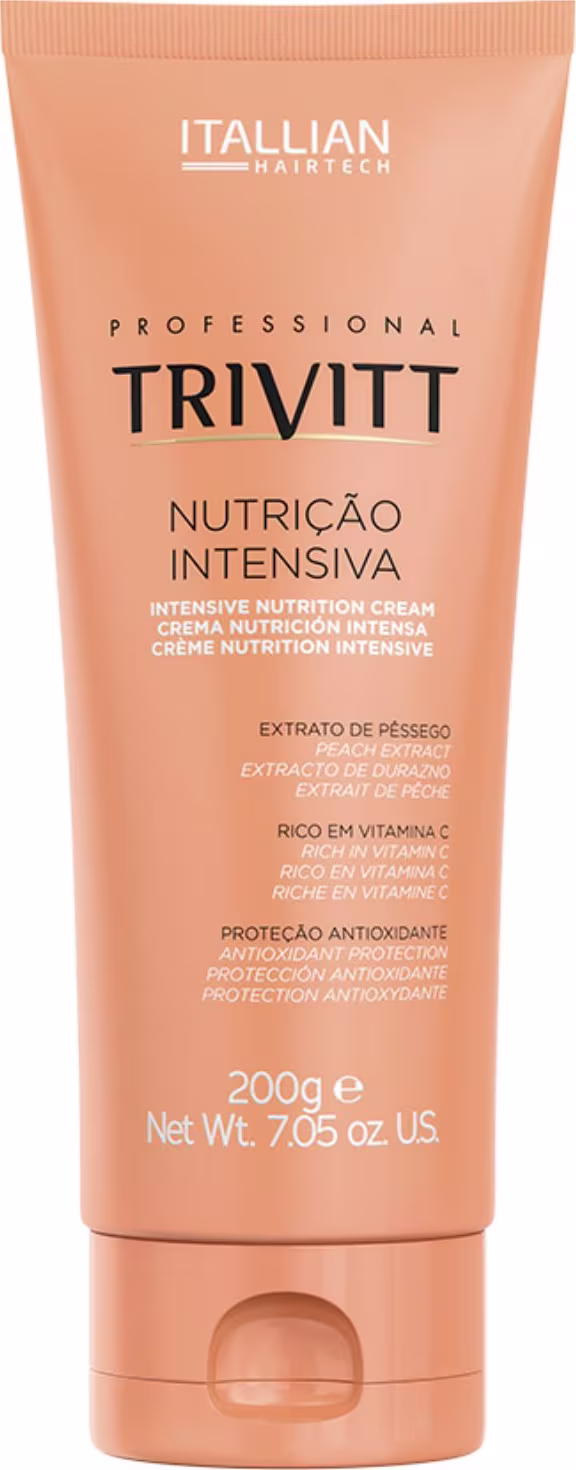 Produto de nutrição intensiva para cabelos Italian Hairtech. Embalagem em tubo plástico na cor laranja. Peso líquido de 200g ou 7,05 onças.