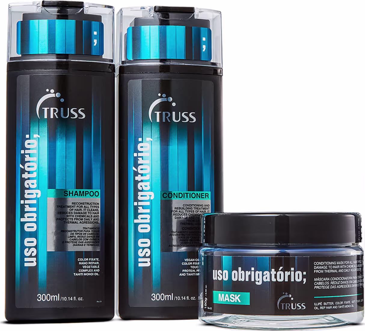 A imagem mostra três produtos da linha Uso Obrigatório da marca TRUSS. São dois frascos de 300ml, um contendo shampoo e outro condicionador. Há também um pote transparente menor contendo uma máscara capilar. As cores predominantes são preto e azul.