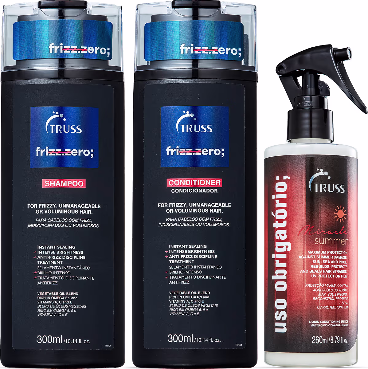 Conjunto de produtos da marca TRUSS: inclui shampoo e condicionador Frizz Zero de 300ml cada, e tratamento reconstrutor  "Uso Obrigatório Summer" 260ml