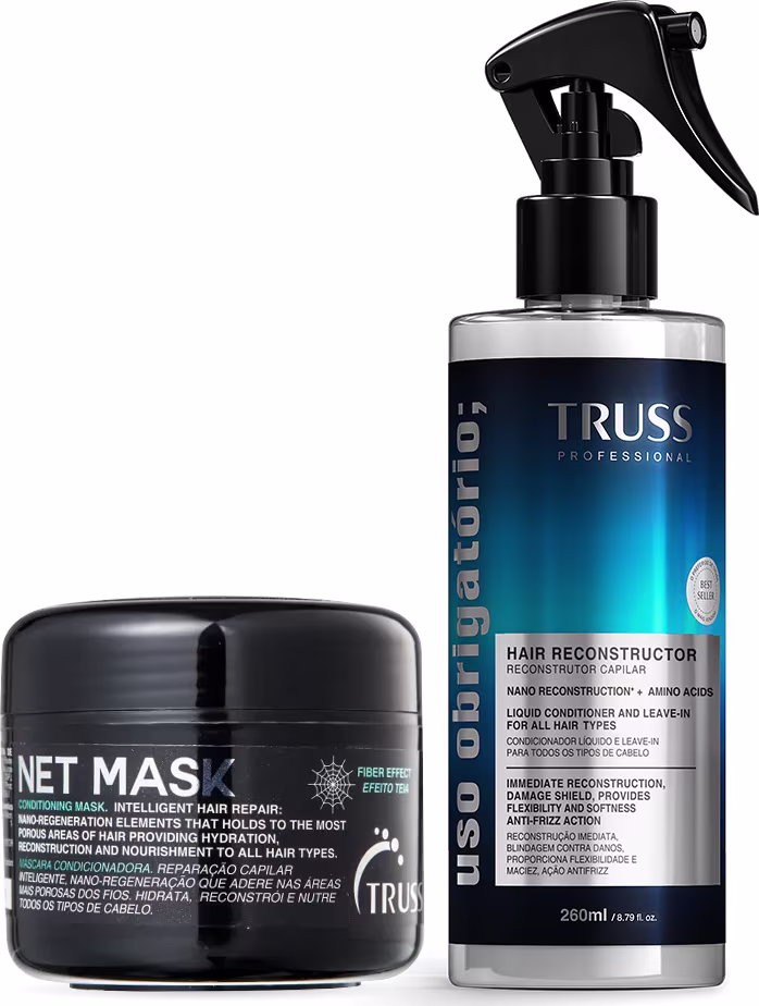 Dois produtos da marca TRUSS: um frasco spray de 260ml com rótulo azul, e um pote preto de máscara capilar. Ambos apresentam design moderno e minimalista, com informações sobre os benefícios e aplicação dos produtos.