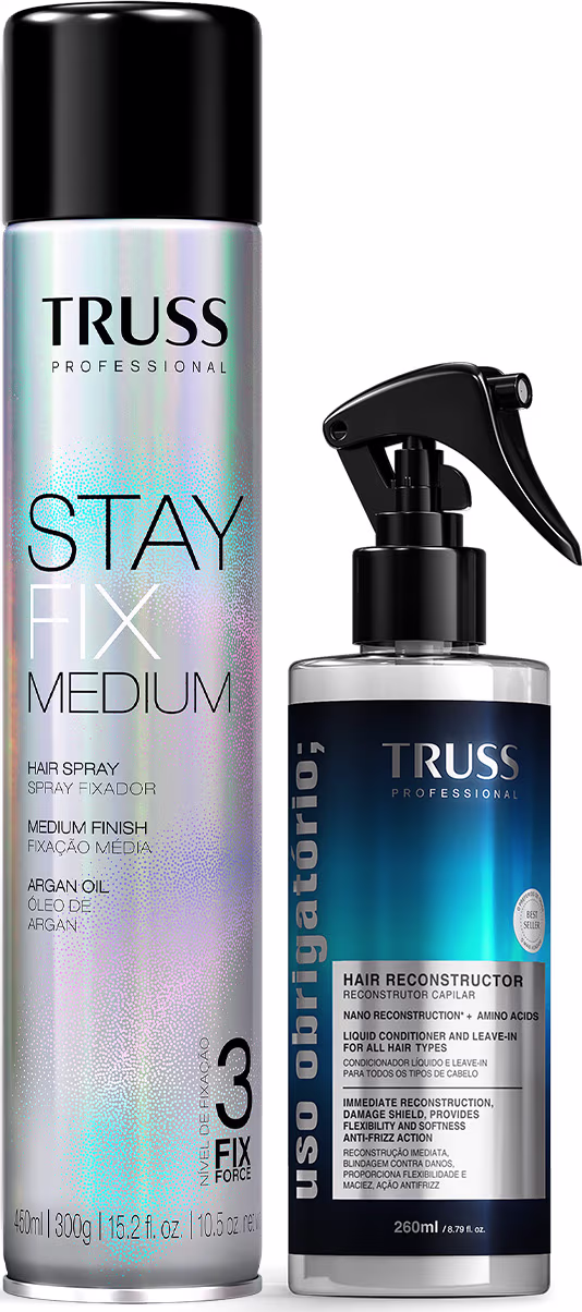O produto de beleza TRUSS apresenta um frasco de spray para cabelo com rótulo azul e branco, e um frasco de condicionador líquido com rótulo azul. Ambos os produtos possuem embalagens pretas e brancas, com o nome da marca "TRUSS" destacado.