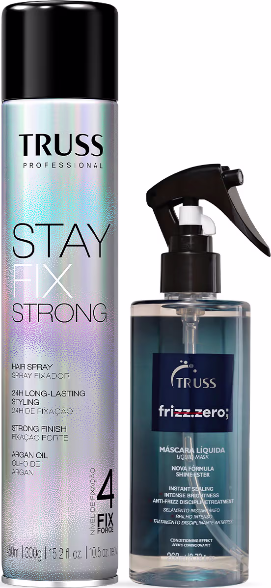 Dois produtos da marca Truss: um frasco de spray fixador de cabelo "Stay Fix Strong" e um frasco de tratamento anti-frizz "Frizz.zero", ambos em embalagens pretas e azuis com detalhes em branco.