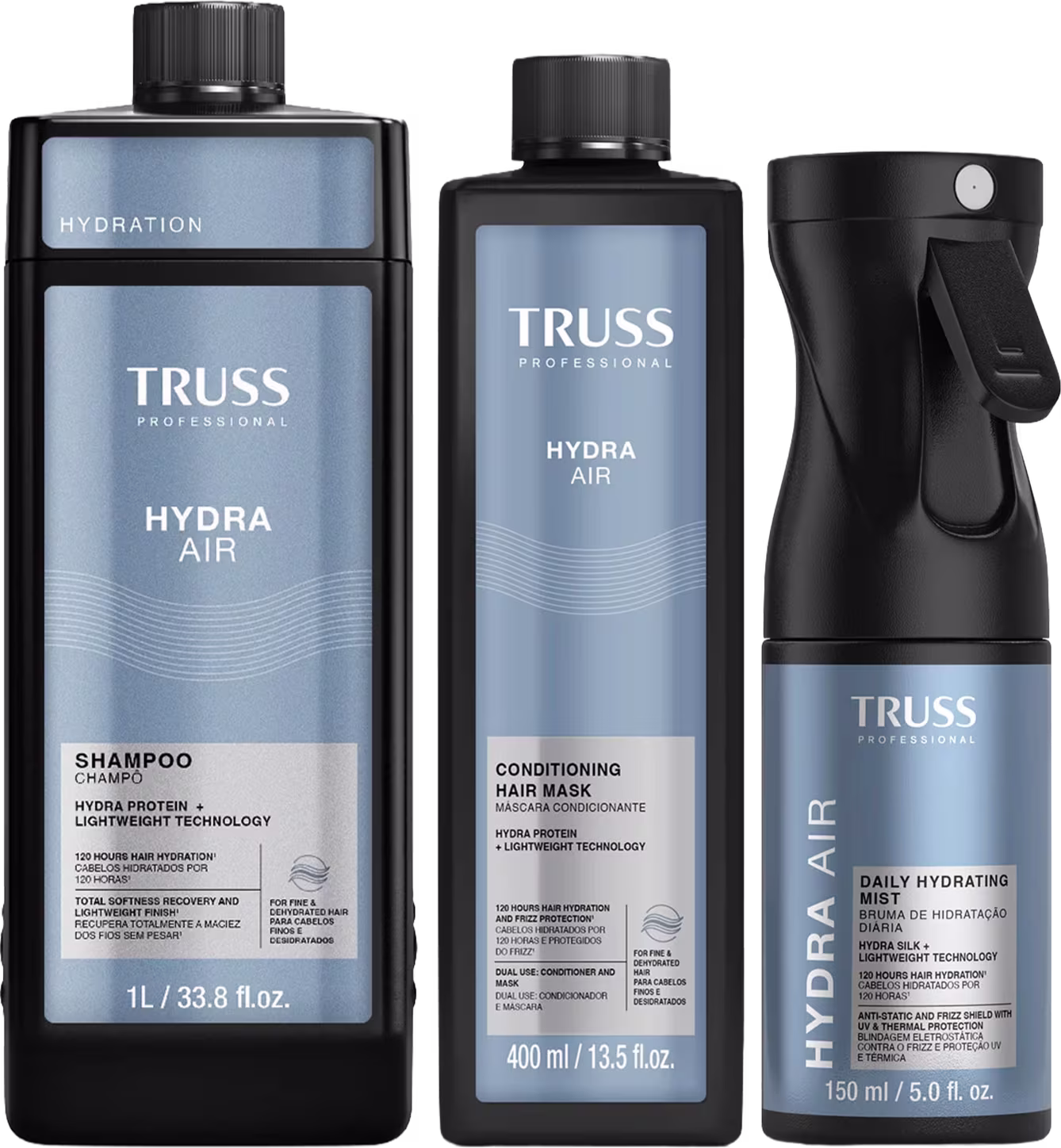 Produtos da linha Truss Professional: shampoo Hydra Air, máscara condicionadora Hydra Air e bruma hidratante diária Hydra Air, em embalagens pretas e azuis com detalhes em texto e gráficos.