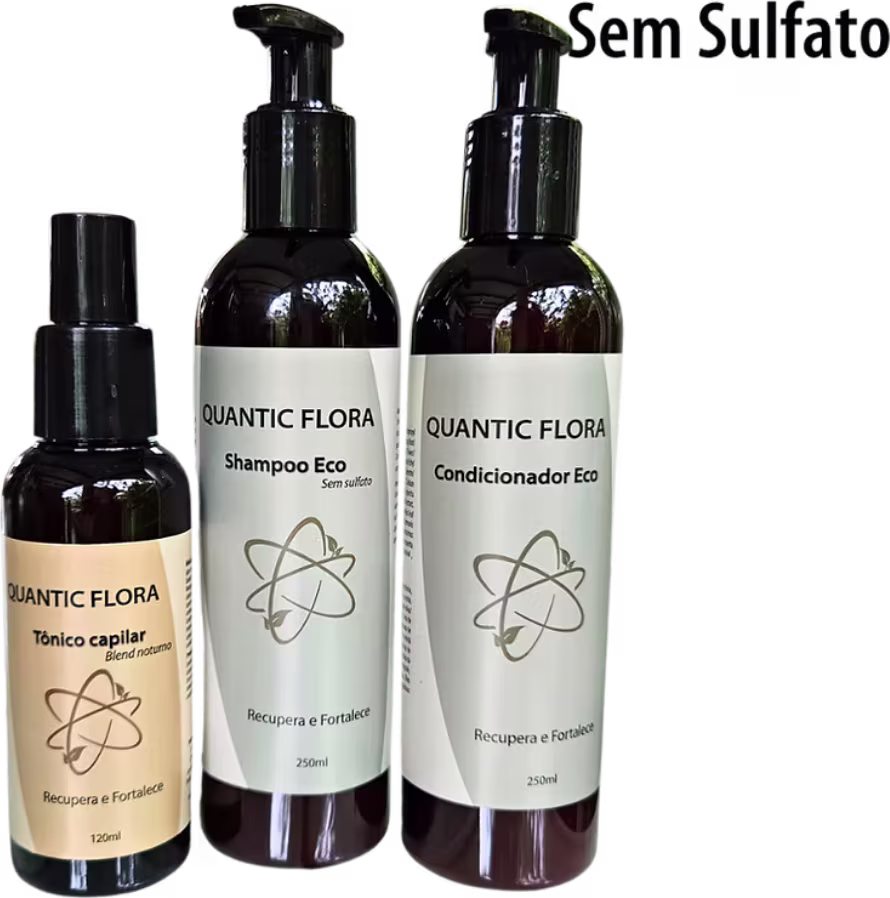 Kit com shampoo, condicionador e tônico capilar da marca Quantic Flora.