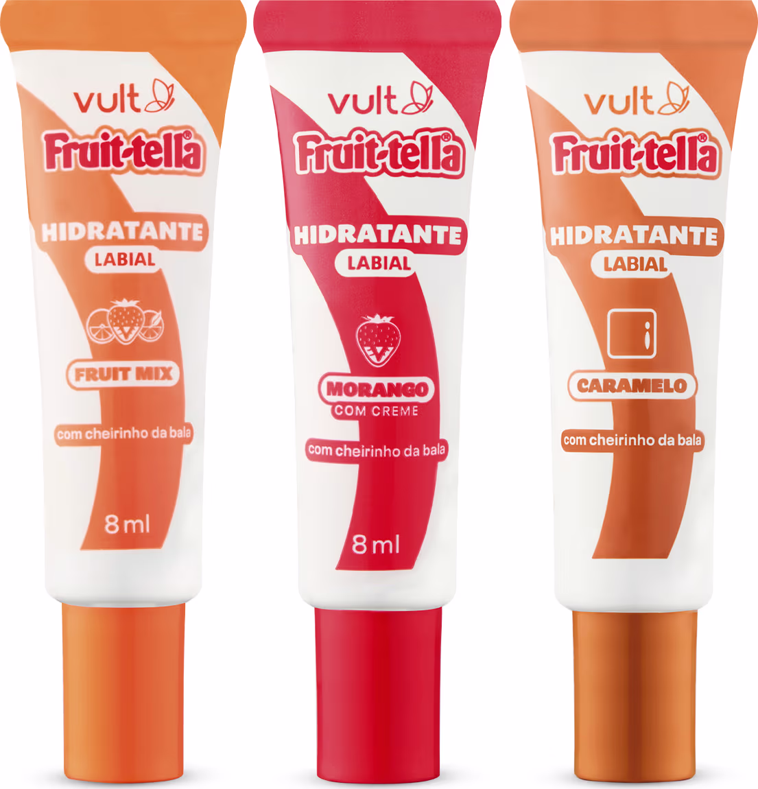 A imagem mostra um kit com 3 hidratantes labiais da marca Vult, com embalagem tubular, tipo bisnaga, com rótulo com o nome do produto e demais informações.