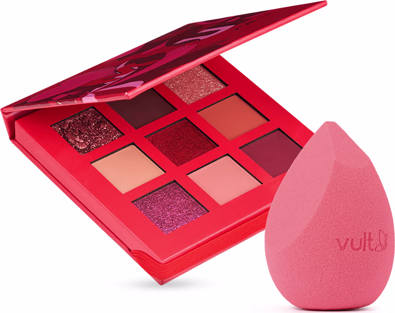 A imagem mostra um kit com paleta de sombras e uma esponja. A paleta é toda vermelha com 9 cores sendo tons de marrom, roxo e dourado. Já a esponja tem formato triangular e cor rosa.