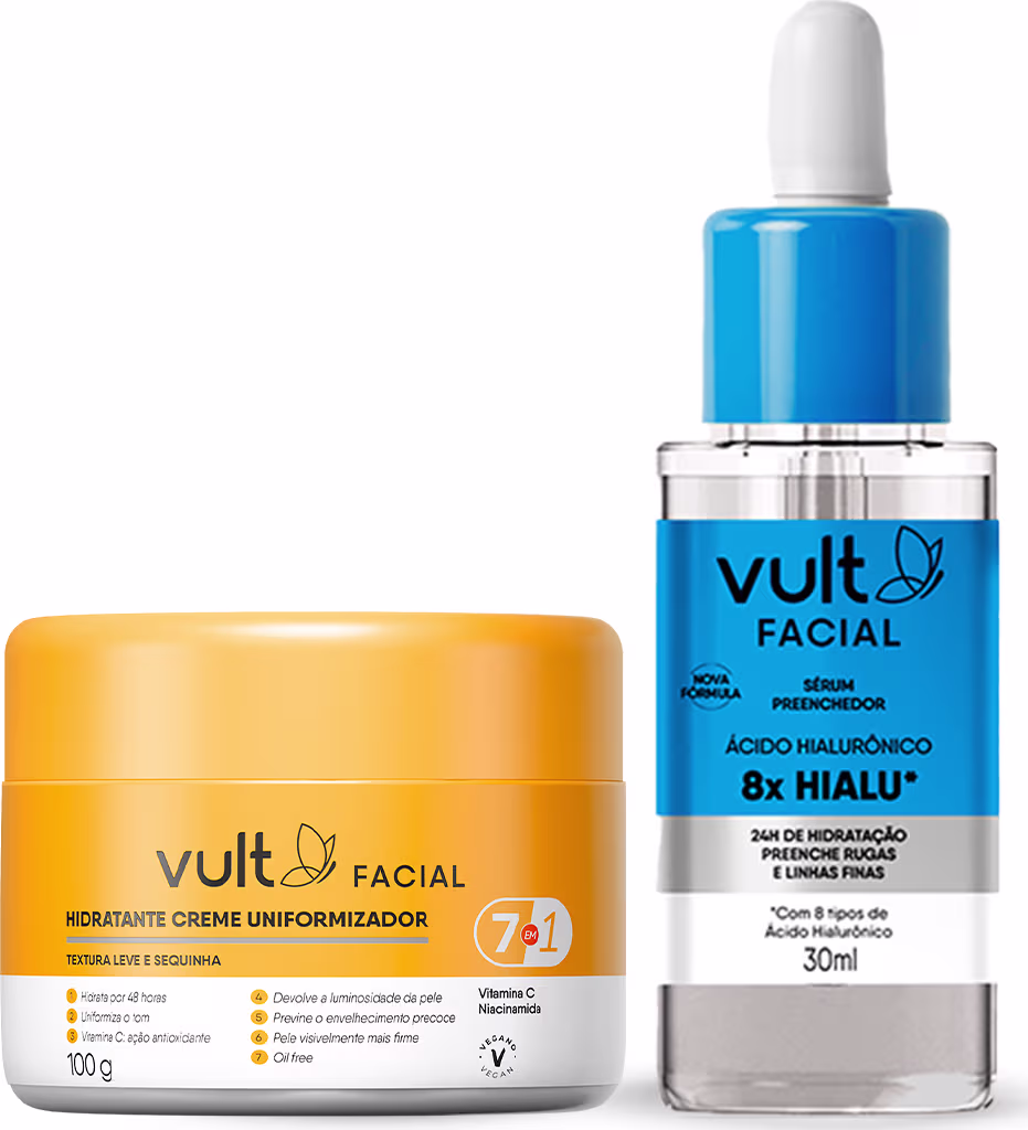 A imagem mostra um kit com dois produtos, um pote arredondado amarelo e branco e um frasco tipo conta-gotas transparente com rótulo azul e cinza.