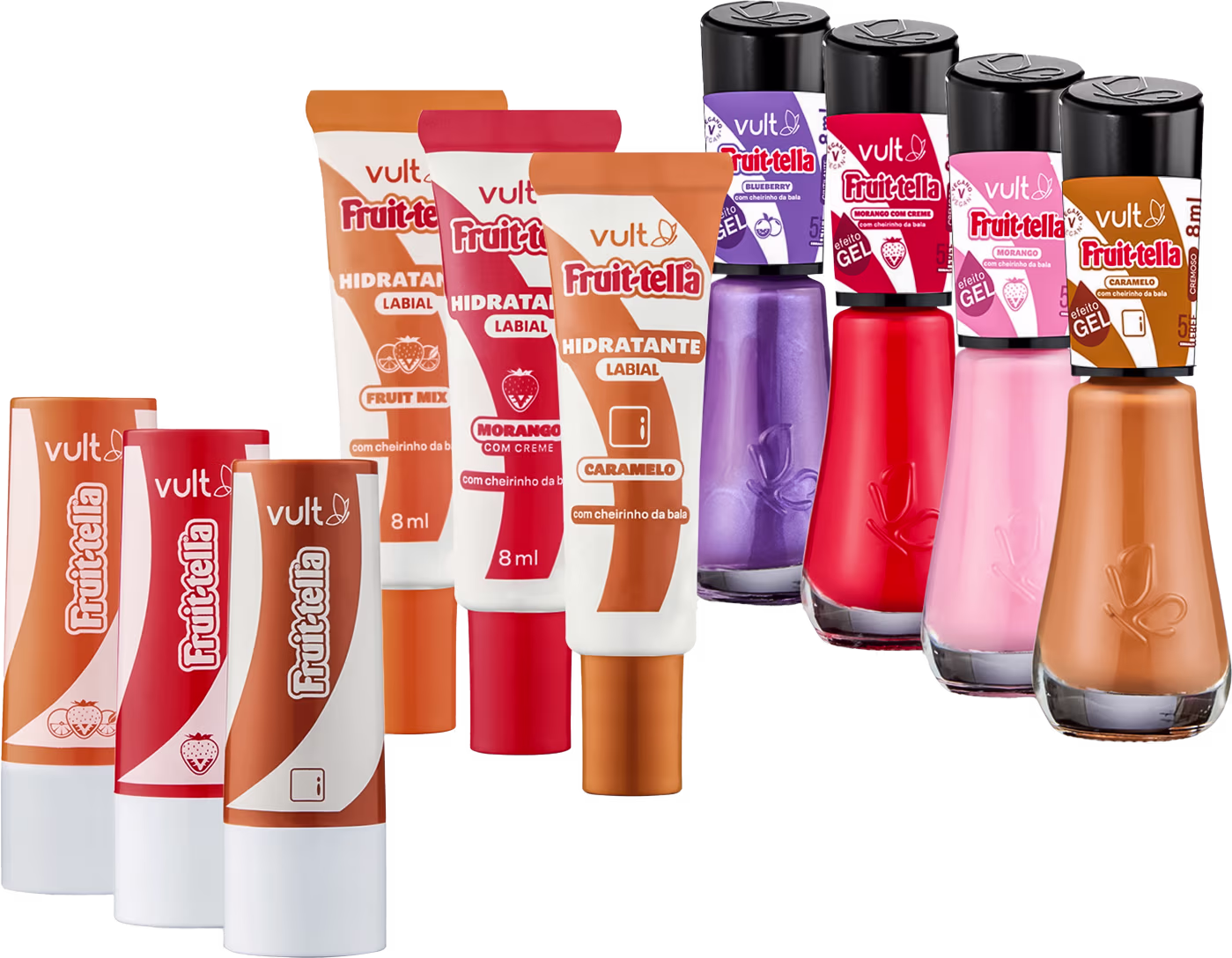 A imagem mostra uma variedade de produtos da marca Vult. Há 4 esmaltes em cores vermelha, roxa, rosa e caramelo. Também há tubos de balm labial e hidratante labial nas cores caramelo, vermelha e rosa.