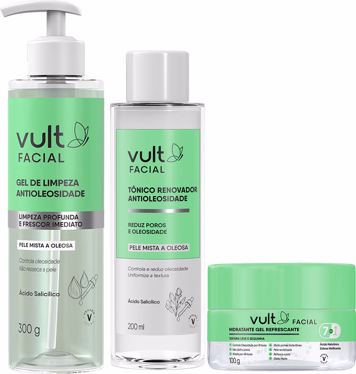 Produtos faciais da marca Vult: gel de limpeza antioleoside, tônico renovador antioleoside e hidratante gel refrescante, em embalagens plásticas e frascos com rótulos verdes e brancos.