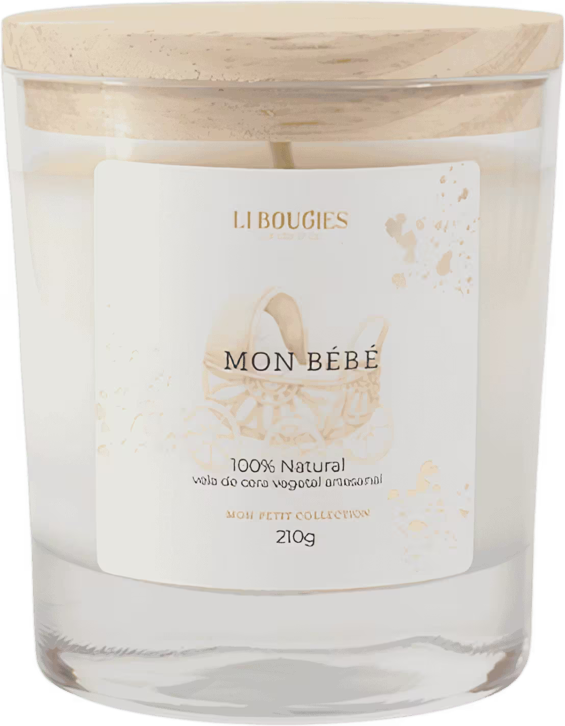 Vela aromática LIBOUGIES, com o nome "MON BÉBÉ" impresso no rótulo. A embalagem é um frasco de vidro transparente com uma tampa de madeira. O rótulo é branco com detalhes dourados, indicando que o produto é 100% natural. O tamanho do produto é de 210g.