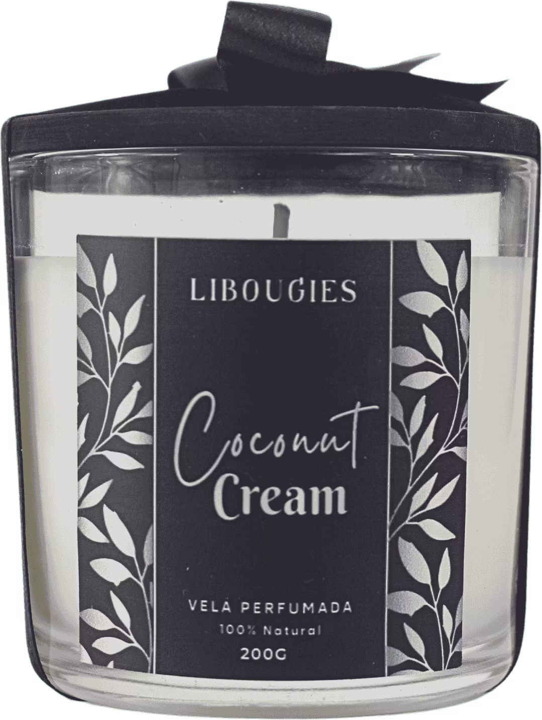 Vela perfumada da marca LIBOUGIES, com o rótulo indicando "Coconut Cream". A embalagem é um recipiente de vidro transparente com tampa preta. O produto é descrito como 100% natural e com peso de 200g.
