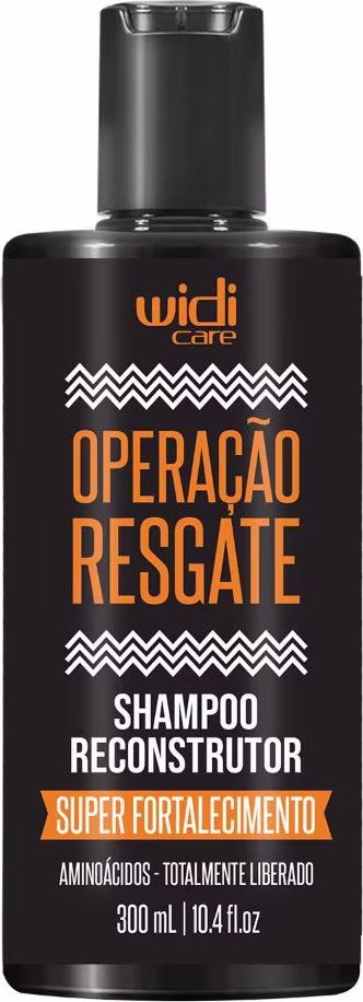 Frasco preto de shampoo reconstrutor da marca Widi Care, com rótulo destacando "Operação Resgate" e "Super Fortalecimento". Embalagem com 300 ml, contendo informações sobre aminoácidos totalmente liberados.
