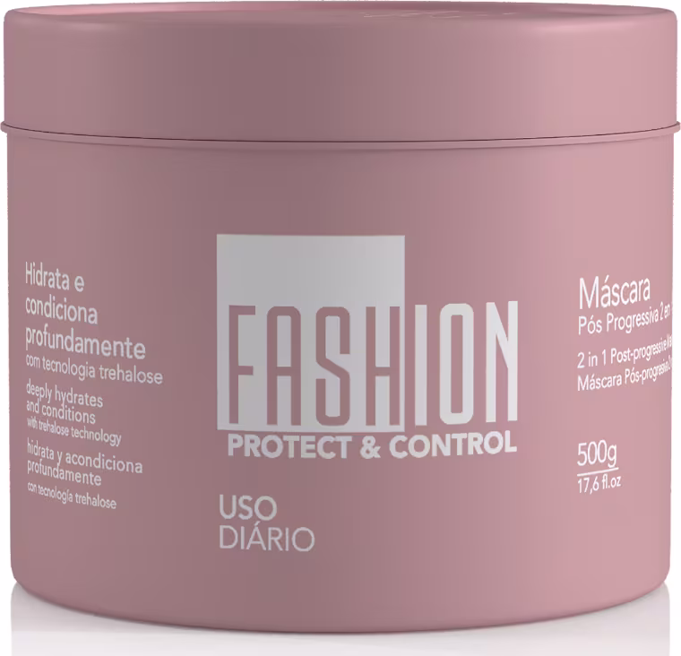Frasco de 500g da máscara 2 em 1 da linha Fashion Protect & Control, com rótulo destacando o nome da marca e o uso diário do produto.