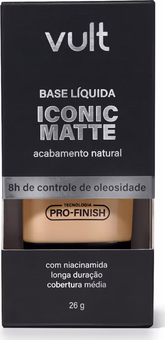 Caixa preta com logotipo Vult, contendo base líquida matte com acabamento natural e controle de oleosidade, com tecnologia Pro-Finish e mais informações sobre duração e cobertura.
