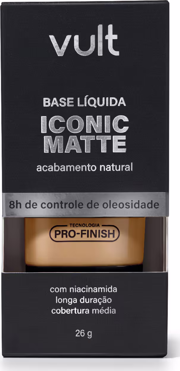 Caixa preta com logotipo Vult, contendo base líquida matte com acabamento natural e controle de oleosidade, com tecnologia Pro-Finish e mais informações sobre duração e cobertura.
