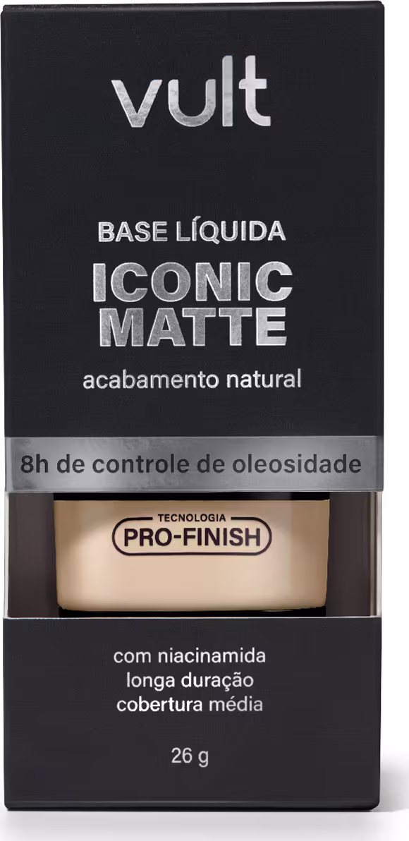 Caixa preta com logotipo Vult, contendo base líquida matte com acabamento natural e controle de oleosidade, com tecnologia Pro-Finish e mais informações sobre duração e cobertura.