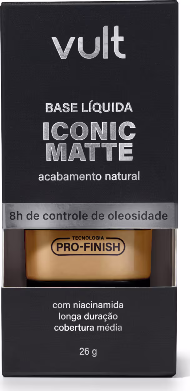 Caixa preta com logotipo Vult, contendo base líquida matte com acabamento natural e controle de oleosidade, com tecnologia Pro-Finish e mais informações sobre duração e cobertura.
