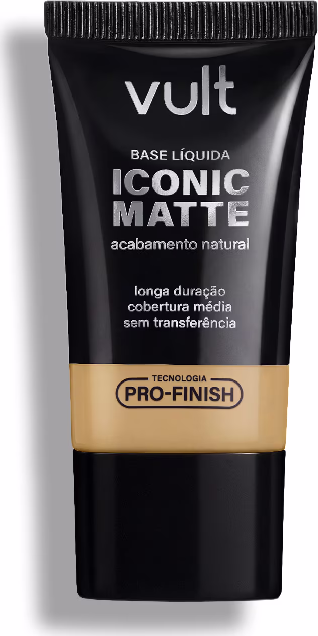 Bisnaga preta da marca Vult contendo Base Líquida Iconic Matte com acabamento natural, longa duração e cobertura média, sem transferência e com Tecnologia Pro-Finish.
