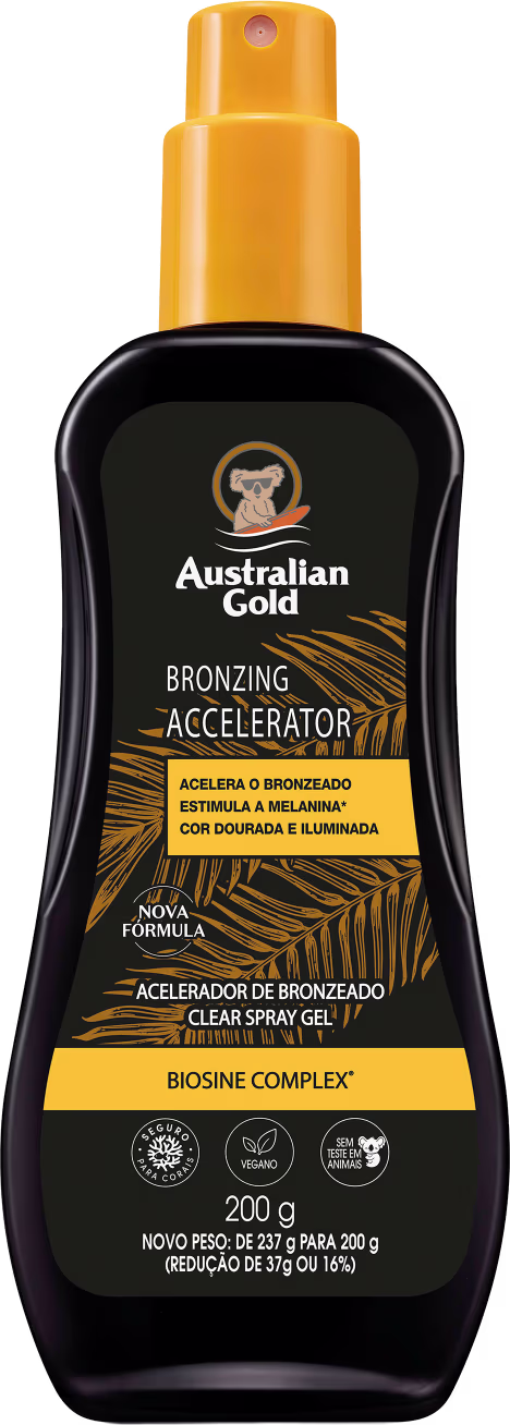 Bronzeador Spray Gel com rótulo amarelo e texto "Australian Gold Bronzing Accelerator". O frasco contém um produto de bronzeamento em spray com fórmula Biosine Complex, indicado para acelerar o bronzeado.