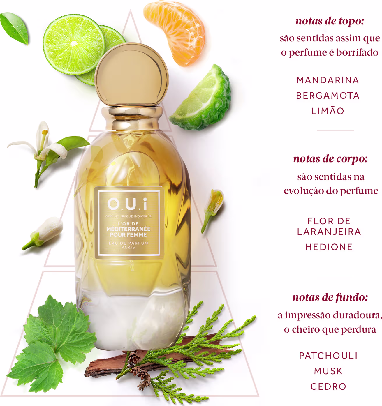 O produto apresentado é um perfume feminino da marca O.U.i. O frasco é de vidro líquido amarelo.. A imagem mostra ingredientes naturais ao redor do frasco, como limão, laranja, folhas verdes, flores e ramos, sugerindo as notas aromáticas do perfume