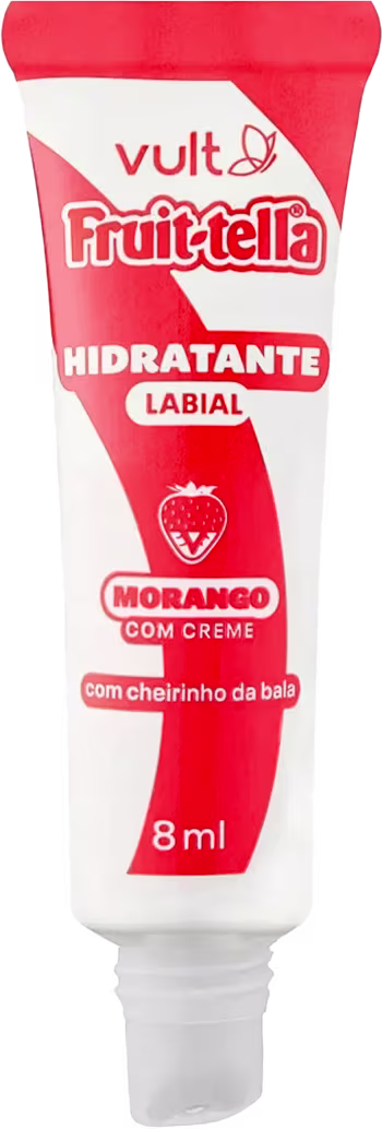 Produto de hidratação labial da marca Vult, linha Fruittella. Embalagem tubular vermelha e branca com tampa protetora. Rótulo indicando sabor morango com creme e cheirinho de bala. Contém 8ml.