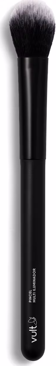 Pincel de maquiagem com cabo preto e cerdas macias em tom acinzentado. O cabo possui a inscrição "Vult" e a descrição "Pincel multi iluminador" em letras brancas.