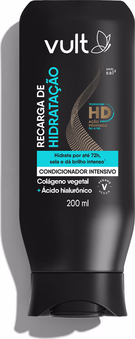 Condicionador intensivo com 200ml de volume. A embalagem é preta, com o logotipo da marca em destaque e informações sobre os principais ingredientes e benefícios do produto, como colágeno vegetal e ácido hialurônico.