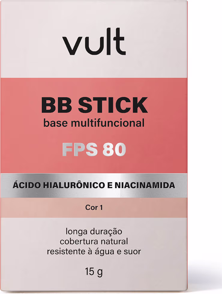 Caixa de BB Stick multifuncional da marca Vult, com FPS 80, contendo ácido hialurônico e niacinamida. Embalagem retangular com cores branca, salmão e cinza, destacando o nome do produto e suas características.