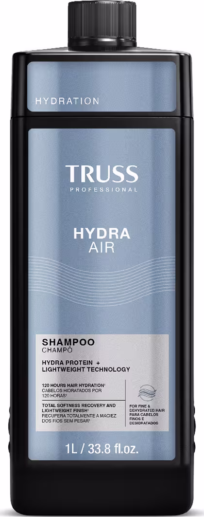 Frasco preto e cinza da linha Hydra Air da marca Truss Professional, contendo 1L de shampoo para cabelos. Rótulo com o nome da linha e tecnologia de hidratação leve.