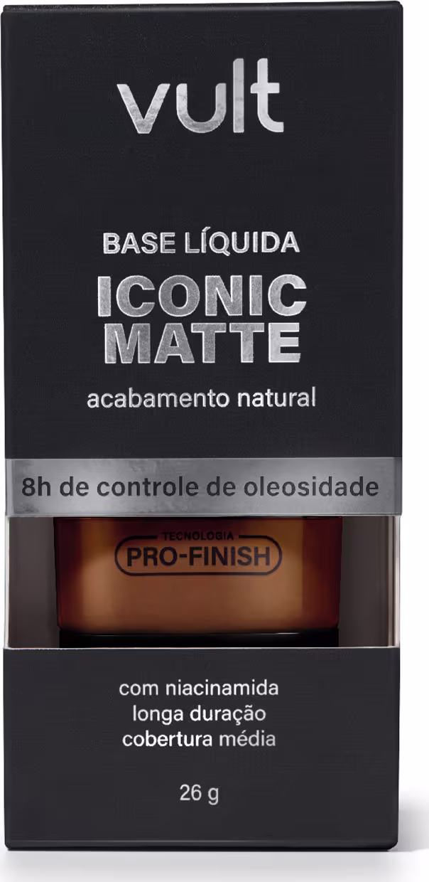 Caixa preta com logotipo Vult, contendo base líquida matte com acabamento natural e controle de oleosidade, com tecnologia Pro-Finish e mais informações sobre duração e cobertura.
