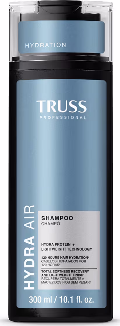 Frasco de shampoo da marca Truss Professional, com embalagem preta e azul, contendo 300 ml do produto. O rótulo destaca a tecnologia "Hydra Protein + Lightweight" e a promessa de hidratação e recuperação da maciez dos cabelos.