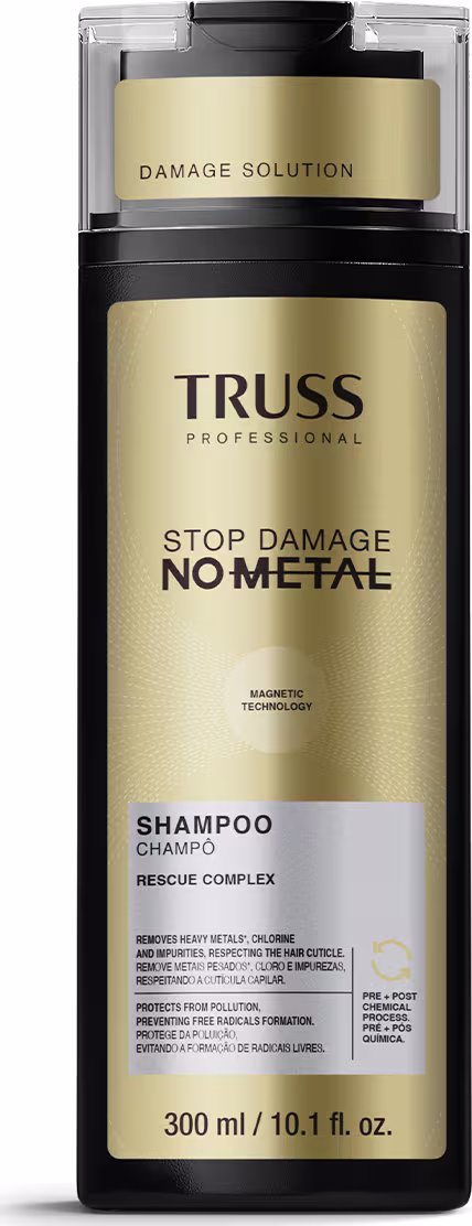 Frasco de shampoo da marca Truss Professional, com design em preto e dourado, contendo a inscrição "Stop Damage No Metal" e "Rescue Complex" na embalagem.