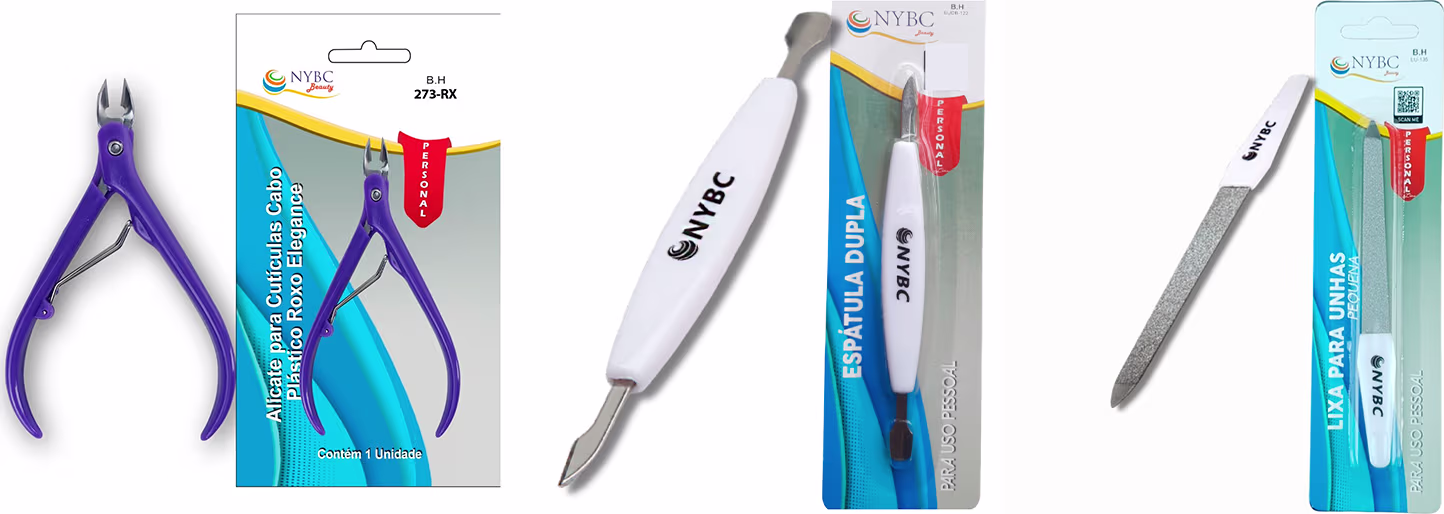 Kit NYBC Beauty Alicate para Cutículas Roxo + Espátula Dupla + Lixa, 3 produtos.