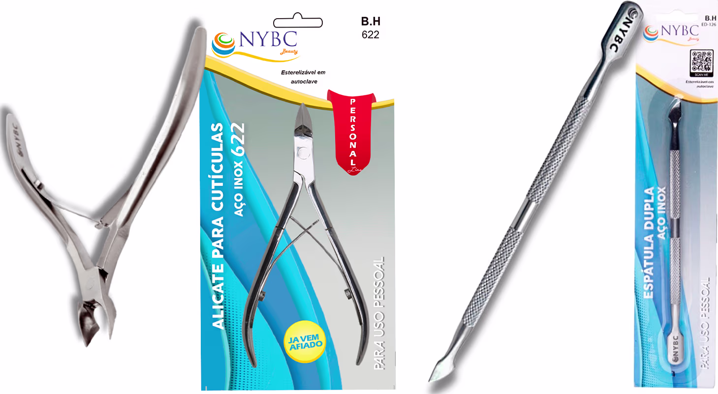 Produtos de beleza NYBC: alicate para cutículas e espátula dupla, ambos em aço inox.